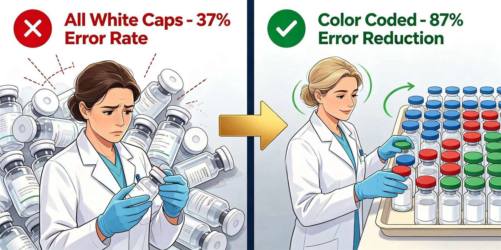 Aluminum flip-off caps for pharmaceutical vials in 10 stock colors for medication color coding system Aluminum flip-off caps for pharmaceutical vials in 10 stock colors for medication color coding system