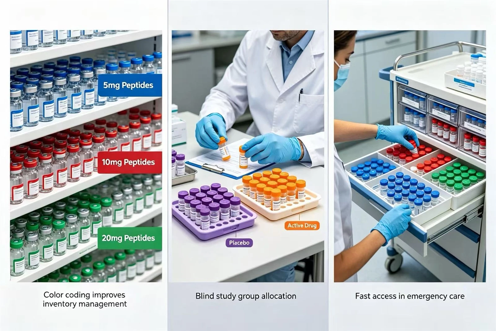 Color coding chart for vial caps: blue for lowest dose, red for standard, green for high dose, yellow for dilution Color coding chart for vial caps: blue for lowest dose, red for standard, green for high dose, yellow for dilution