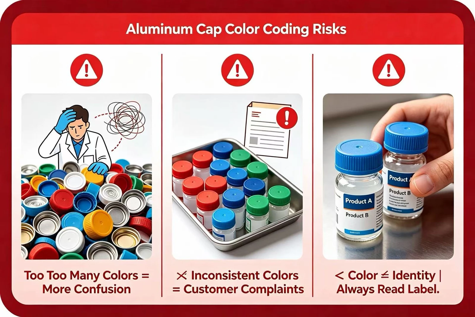 Color coding pitfalls: 28 colors cause confusion, mixed cap colors lose trust, skipping label checks risks errors Color coding pitfalls: 28 colors cause confusion, mixed cap colors lose trust, skipping label checks risks errors