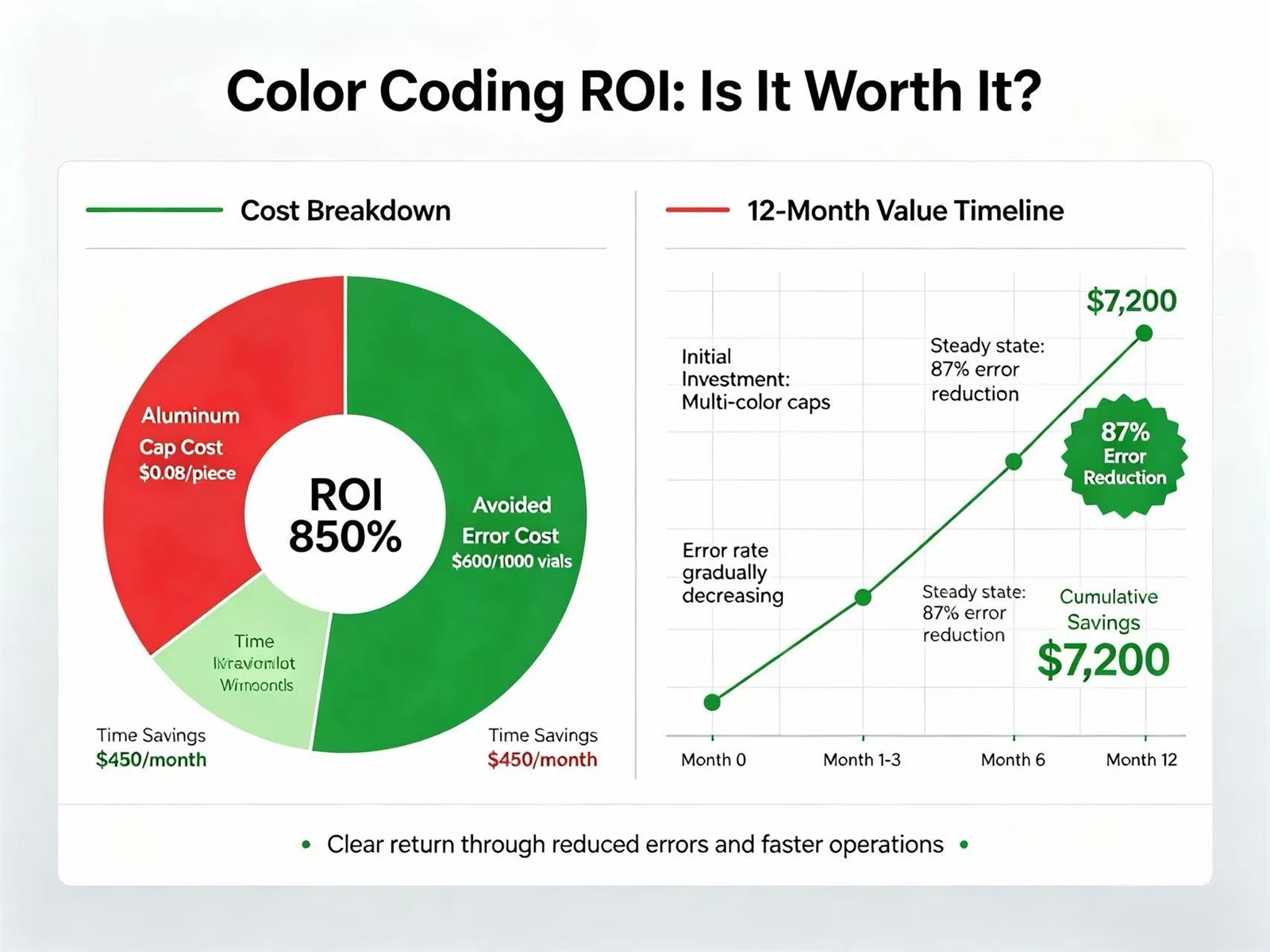 Return on investment analysis showing 850% ROI from implementing color-coded aluminum caps in pharmaceutical compounding Return on investment analysis showing 850% ROI from implementing color-coded aluminum caps in pharmaceutical compounding